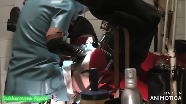 Rubbernurse Agnes – short blue latex nurse dress with mask – raw uncut single take clinic session – deep pegging with 3 long dildos and final cum event